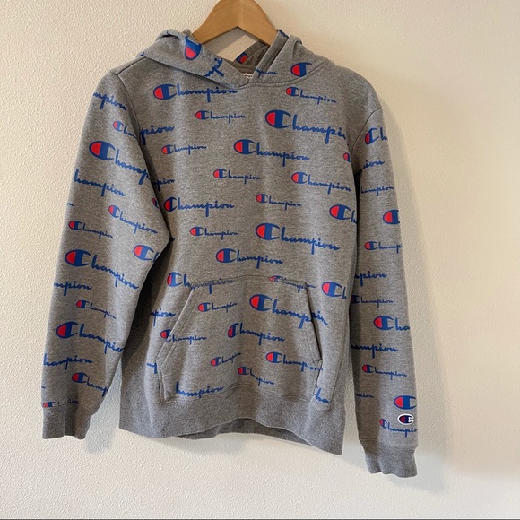 Champion Gray All Over Logo Pullover Hoodie Kangaroo Pocket-XL - Picture 2 of 10